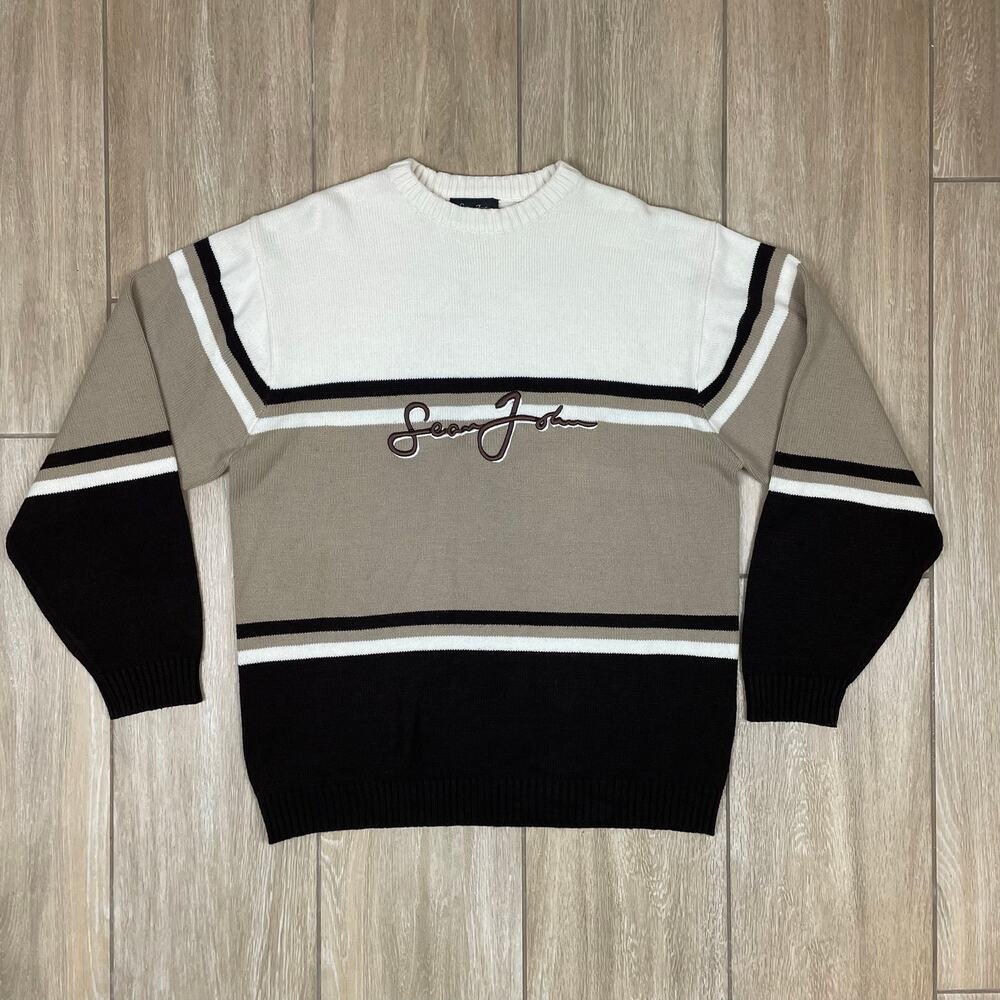 Vintage Y2K Sean John Script Logo Colorblock Knit Sweater Men's Medium Korea